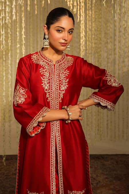 Shop_Sheetal Batra_Red Silk, Satin Sequins Round Gulbano Floral Embroidered Kurta And Dhoti Pant Set _Online_at_Aza_Fashions