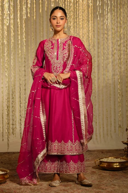 Sheetal Batra Pink Kurta And Palazzo Silk Chanderi Embroidery Kiran Dori Mahika A-line Set