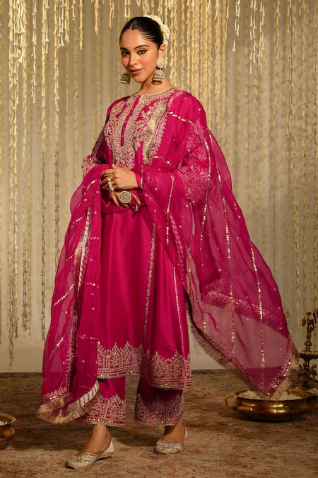 Buy_Sheetal Batra_Pink , Chanderi, Organza Mahika Kiran Dori Embroidered A-line Kurta Set _Online_at_Aza_Fashions