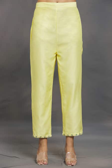 Shop_Samyukta Singhania_Yellow Chanderi Sequins, Embroidery Boat Neck Kurta And Pant Set _Online_at_Aza_Fashions