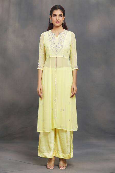 Buy_Samyukta Singhania_Yellow Georgette, Satin, Organza Embroidery, Sequins, Zardozi Kurta Pant Set _Online_at_Aza_Fashions