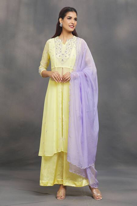 Shop_Samyukta Singhania_Yellow Georgette, Satin, Organza Embroidery, Sequins, Zardozi Kurta Pant Set _Online_at_Aza_Fashions
