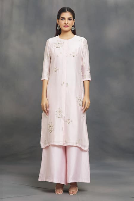 Buy_Samyukta Singhania_Pink Chanderi Embroidery, Sequins Round Neck Zardozi Kurta Flared Pant Set _Online_at_Aza_Fashions