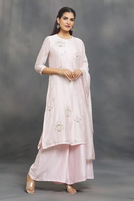 Shop_Samyukta Singhania_Pink Chanderi Embroidery, Sequins Round Neck Zardozi Kurta Flared Pant Set _Online_at_Aza_Fashions