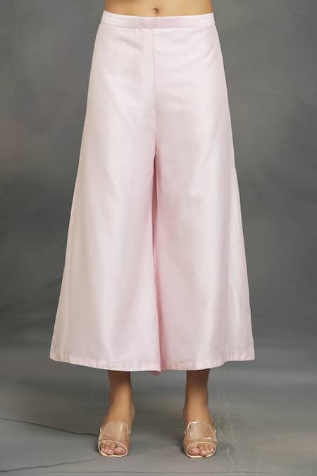 Samyukta Singhania_Pink Chanderi Embroidery, Sequins Round Neck Zardozi Kurta Flared Pant Set _at_Aza_Fashions