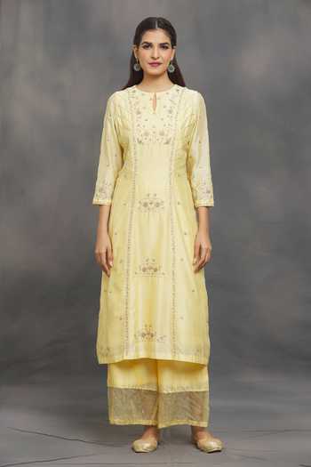 Buy_Samyukta Singhania_Yellow Chanderi, Organza Embroidery, Sequins, Zardozi Kurta Flared Pant Set _Online_at_Aza_Fashions