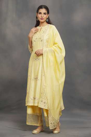 Shop_Samyukta Singhania_Yellow Chanderi, Organza Embroidery, Sequins, Zardozi Kurta Flared Pant Set _Online_at_Aza_Fashions