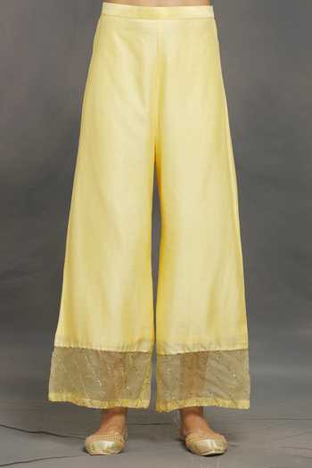 Samyukta Singhania_Yellow Chanderi, Organza Embroidery, Sequins, Zardozi Kurta Flared Pant Set _at_Aza_Fashions