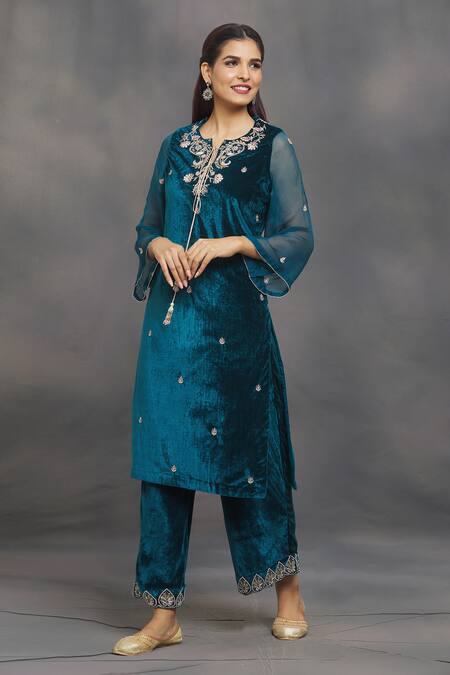 Shop_Samyukta Singhania_Blue Velvet Embroidery, Tassels Keyhole Neck Floral Kurta And Pant Set _Online_at_Aza_Fashions