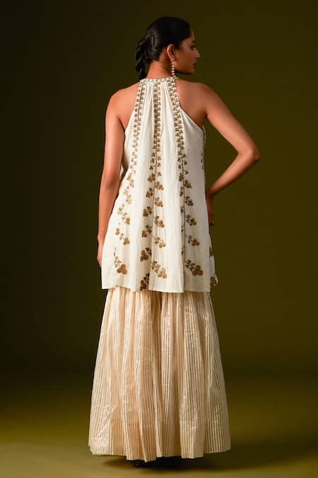 Aurul Aari Embroidered Halter Neck Kurta Sharara Pant Set 