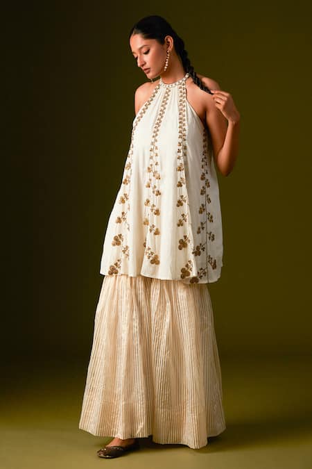 Shop_Aurul_White Organza, Silk, Cotton Beads, Sequins, Zari, Aari Kurta Sharara Pant Set _Online_at_Aza_Fashions