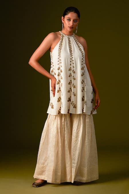 Aurul_White Organza, Silk, Cotton Beads, Sequins, Zari, Aari Kurta Sharara Pant Set _at_Aza_Fashions