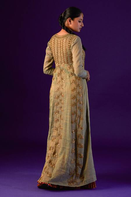 Buy_Aurul_Green Cotton, Silk Sequins, Beads Zardozi Embroidered Anarkali With Dupatta _Online_at_Aza_Fashions