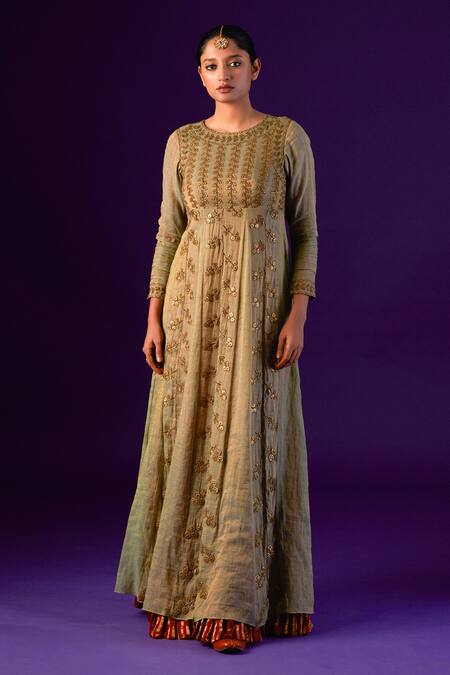 Shop_Aurul_Green Cotton, Silk Sequins, Beads Zardozi Embroidered Anarkali With Dupatta _Online_at_Aza_Fashions