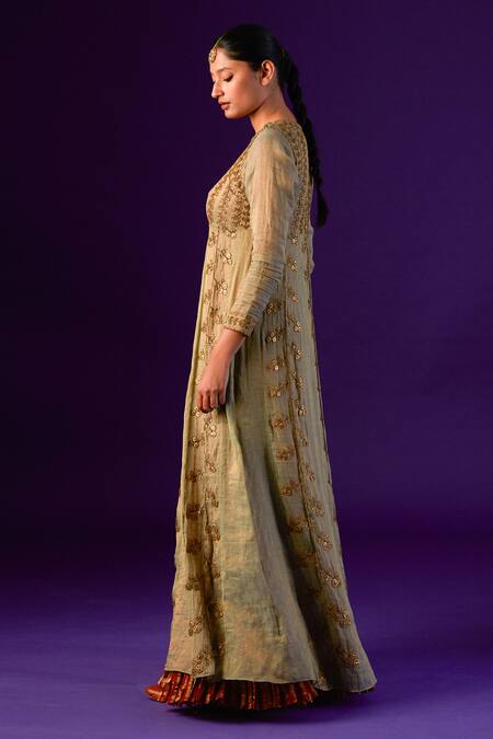 Aurul_Green Cotton, Silk Sequins, Beads Zardozi Embroidered Anarkali With Dupatta _at_Aza_Fashions