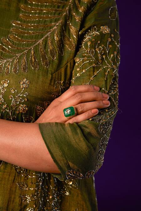 Shop_Aurul_Green Cotton, Silk Sequins, Zari Round Floral Veil Embroidered Kurta Pant Set _Online_at_Aza_Fashions