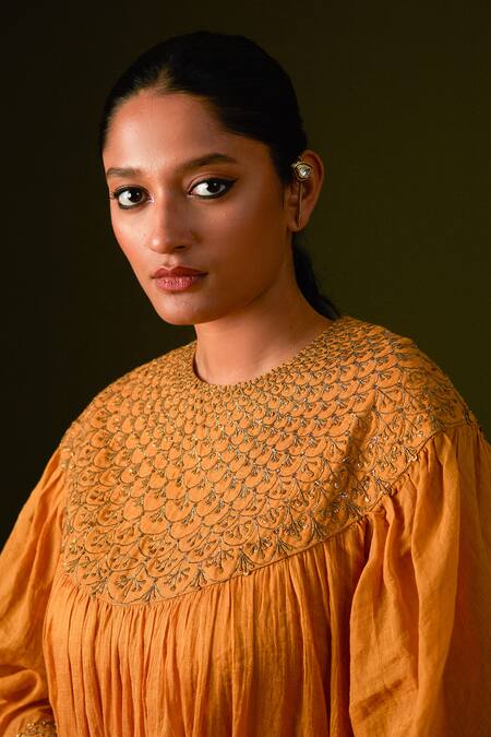 Aurul_Yellow Cotton, Silk Sequins, Beads, Zari Thread Embroidered Kurta With Pant _Online_at_Aza_Fashions
