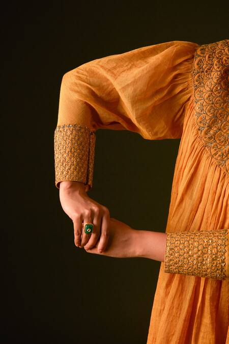 Buy_Aurul_Yellow Cotton, Silk Sequins, Beads, Zari Thread Embroidered Kurta With Pant _Online_at_Aza_Fashions