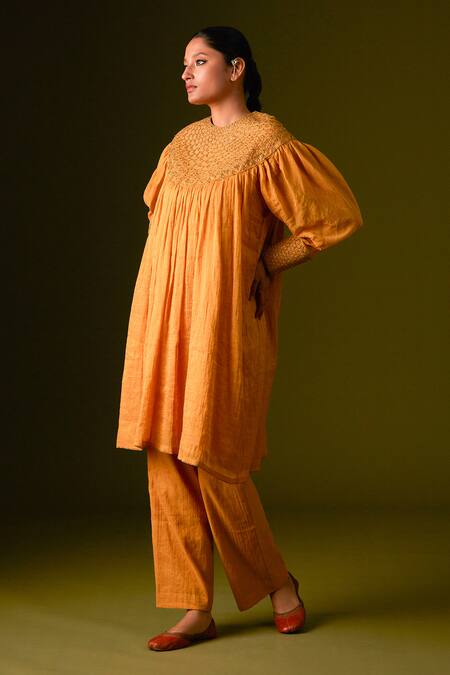 Shop_Aurul_Yellow Cotton, Silk Sequins, Beads, Zari Thread Embroidered Kurta With Pant _Online_at_Aza_Fashions