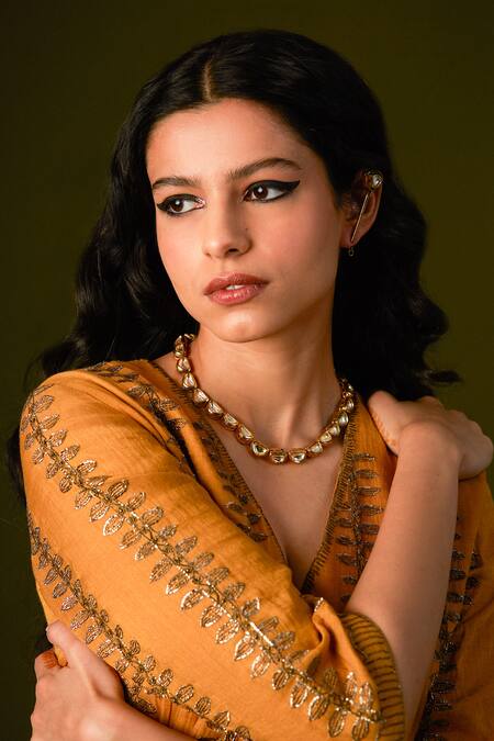 Aurul_Yellow Cotton, Silk Sequins, Beads, Zari, Bloom Vine Kurta Sharara Set _Online_at_Aza_Fashions