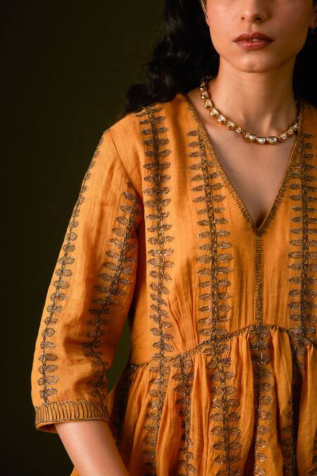 Buy_Aurul_Yellow Cotton, Silk Sequins, Beads, Zari, Bloom Vine Kurta Sharara Set _Online_at_Aza_Fashions