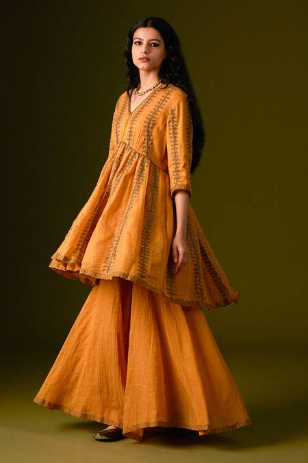 Shop_Aurul_Yellow Cotton, Silk Sequins, Beads, Zari, Bloom Vine Kurta Sharara Set _Online_at_Aza_Fashions