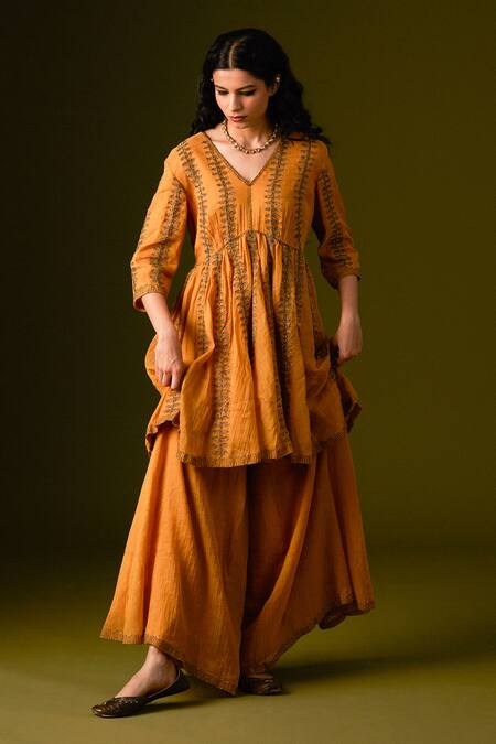 Aurul_Yellow Cotton, Silk Sequins, Beads, Zari, Bloom Vine Kurta Sharara Set _at_Aza_Fashions
