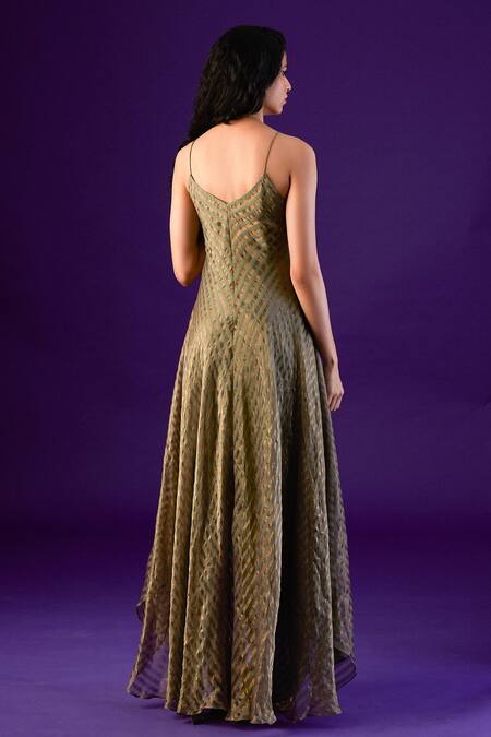 Aurul_Green Cotton Zari Silk Dress Halter Striped Asymmetric With Embroidered Top _Online_at_Aza_Fashions