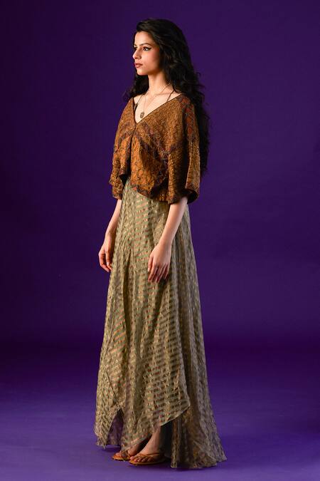 Shop_Aurul_Green Cotton Zari Silk Dress Halter Striped Asymmetric With Embroidered Top _Online_at_Aza_Fashions