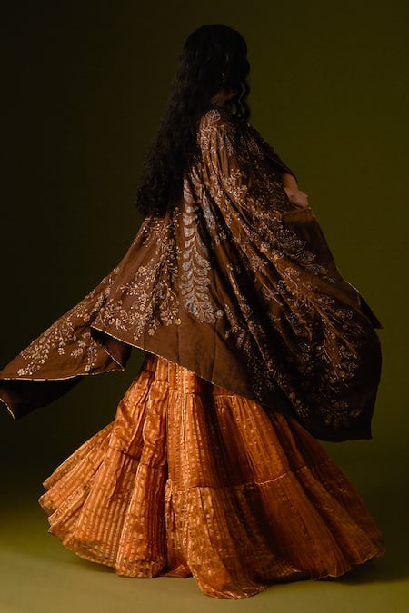 Aurul Flora Garden Embroidered Poncho Dupatta Lehenga Set 