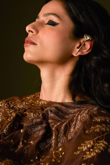 Aurul_Brown Cotton, Silk Sequins, Flora Garden Embroidered Poncho Dupatta Lehenga Set _Online_at_Aza_Fashions