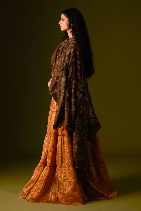 Buy_Aurul_Brown Cotton, Silk Sequins, Flora Garden Embroidered Poncho Dupatta Lehenga Set _Online_at_Aza_Fashions