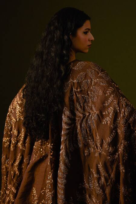 Shop_Aurul_Brown Cotton, Silk Sequins, Flora Garden Embroidered Poncho Dupatta Lehenga Set _Online_at_Aza_Fashions