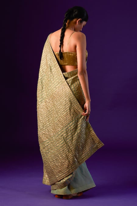Aurul_Green Cotton, Silk Zari Square Neck Striped Saree With Ruched Blouse _Online_at_Aza_Fashions