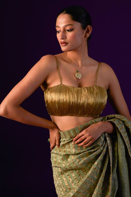 Buy_Aurul_Green Cotton, Silk Zari Square Neck Striped Saree With Ruched Blouse _Online_at_Aza_Fashions