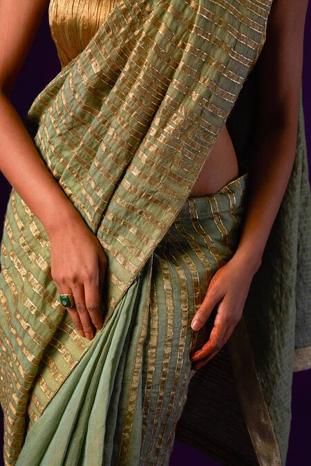 Aurul_Green Cotton, Silk Zari Square Neck Striped Saree With Ruched Blouse _at_Aza_Fashions