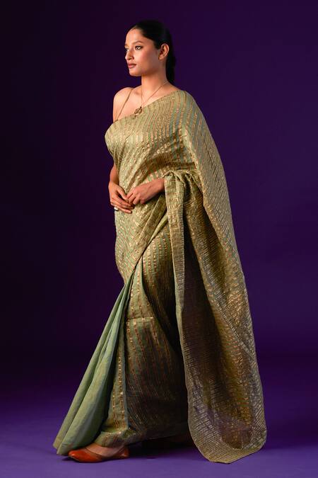 Buy_Aurul_Green Cotton, Silk Zari Square Neck Striped Saree With Ruched Blouse 