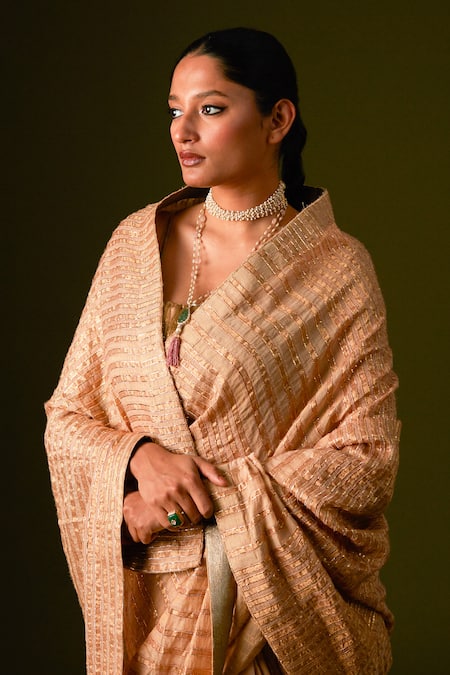 Shop Aurul Beige Cotton, Silk Zari Square Neck Striped And Pitta Work Saree With Blouse Online at Aza Fashions Shop_Aurul_Beige Cotton, Silk Zari Square Neck Striped And Pitta Work Saree With Blouse _Online_at_Aza_Fashions