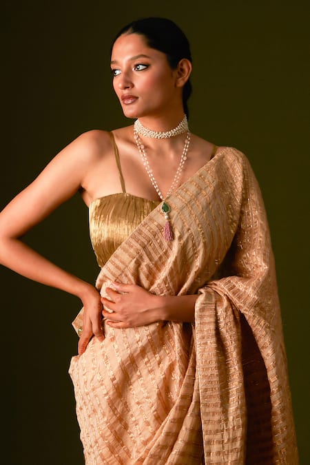Aurul Beige Cotton, Silk Zari Square Neck Striped And Pitta Work Saree With Blouse at Aza Fashions Aurul_Beige Cotton, Silk Zari Square Neck Striped And Pitta Work Saree With Blouse _at_Aza_Fashions