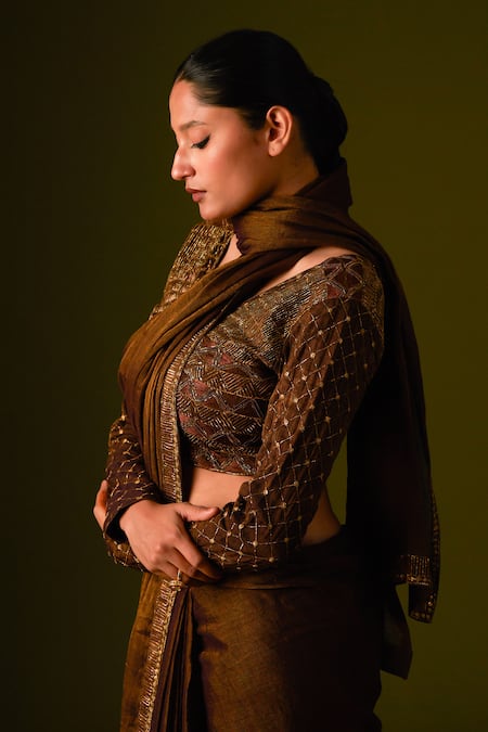 Shop Aurul Brown Cotton, Silk Sequins, Zari V-neck Striped And Pitta Work Saree With Blouse Online at Aza Fashions Shop_Aurul_Brown Cotton, Silk Sequins, Zari V-neck Striped And Pitta Work Saree With Blouse _Online_at_Aza_Fashions