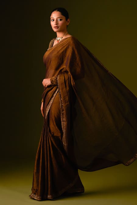 Aurul Brown Cotton, Silk Sequins, Zari V-neck Striped And Pitta Work Saree With Blouse at Aza Fashions Aurul_Brown Cotton, Silk Sequins, Zari V-neck Striped And Pitta Work Saree With Blouse _at_Aza_Fashions