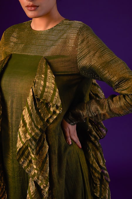 Buy Aurul Green Cotton, Silk Zari Round Neck Striped Frill Godets Anarkali Online at Aza Fashions Buy_Aurul_Green Cotton, Silk Zari Round Neck Striped Frill Godets Anarkali _Online_at_Aza_Fashions