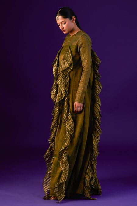 Shop Aurul Green Cotton, Silk Zari Round Neck Striped Frill Godets Anarkali Online at Aza Fashions Shop_Aurul_Green Cotton, Silk Zari Round Neck Striped Frill Godets Anarkali _Online_at_Aza_Fashions