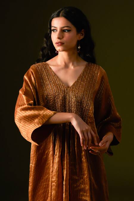 Buy Aurul Brown Cotton, Silk Zari, Embroidery V-neck Striped Kurta Pant Set Online at Aza Fashions Buy_Aurul_Brown Cotton, Silk Zari, Embroidery V-neck Striped Kurta Pant Set _Online_at_Aza_Fashions