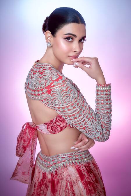 Buy_Bhumika Sharma_Red Organza, Georgette Embroidery Round Neck Blossom Print Skirt And Blouse Set _Online_at_Aza_Fashions