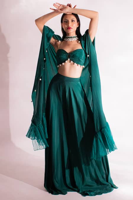 Shop_Anshika Tak Label_Green Crepe Pearls Sweetheart Neck Frilled Hem Cape Palazzo Set _at_Aza_Fashions