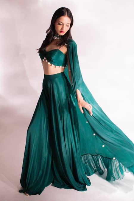 Anshika Tak Label_Green Crepe Pearls Sweetheart Neck Frilled Hem Cape Palazzo Set _Online_at_Aza_Fashions
