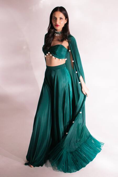 Buy_Anshika Tak Label_Green Crepe Pearls Sweetheart Neck Frilled Hem Cape Palazzo Set _Online_at_Aza_Fashions