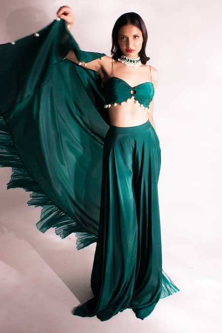 Shop_Anshika Tak Label_Green Crepe Pearls Sweetheart Neck Frilled Hem Cape Palazzo Set _Online_at_Aza_Fashions