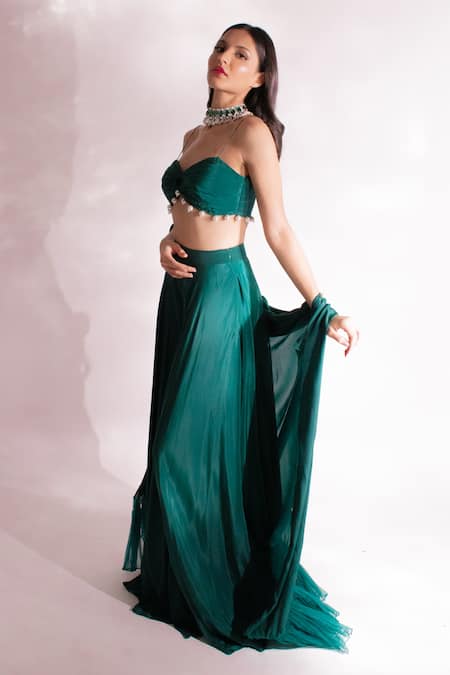 Anshika Tak Label_Green Crepe Pearls Sweetheart Neck Frilled Hem Cape Palazzo Set _at_Aza_Fashions